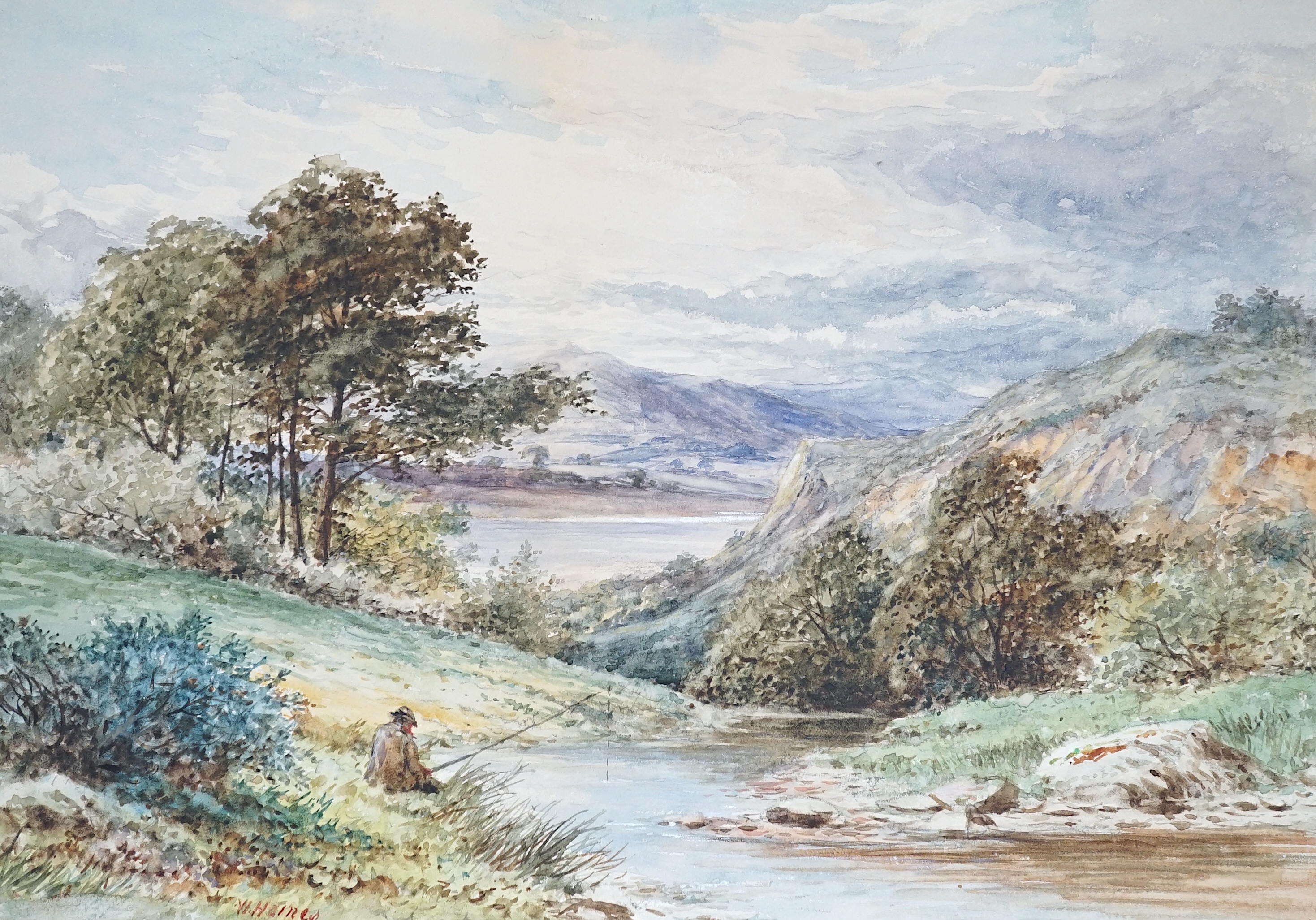 W. Haines, watercolour, Angler in a landscape, signed, 25 x 35cm, with two Cries of London colour prints